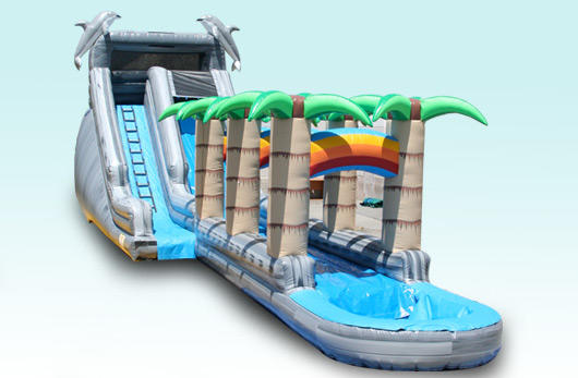 Tropical Waterslide Features Slip & Slide with Pool.  Water Slide Rental Chicago.  Gorgeous, Features Dolphins & Palm Trees.
